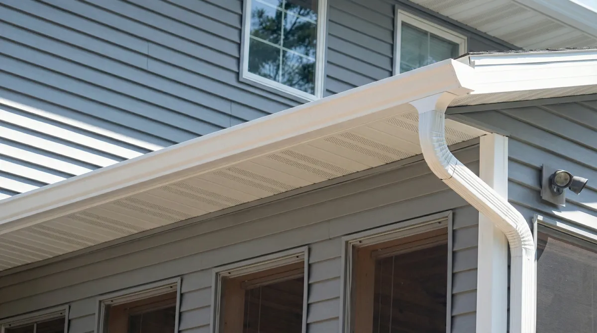Professional home remodeling project showing newly installed white seamless gutters and downspouts on a house with gray siding in El Paso, TX