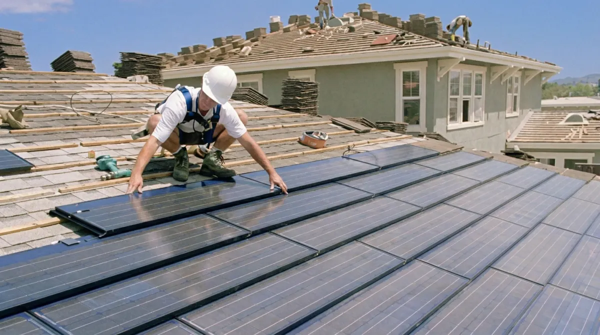 Roof replacement expert installing modern solar shingles on a residential home in El Paso, TX