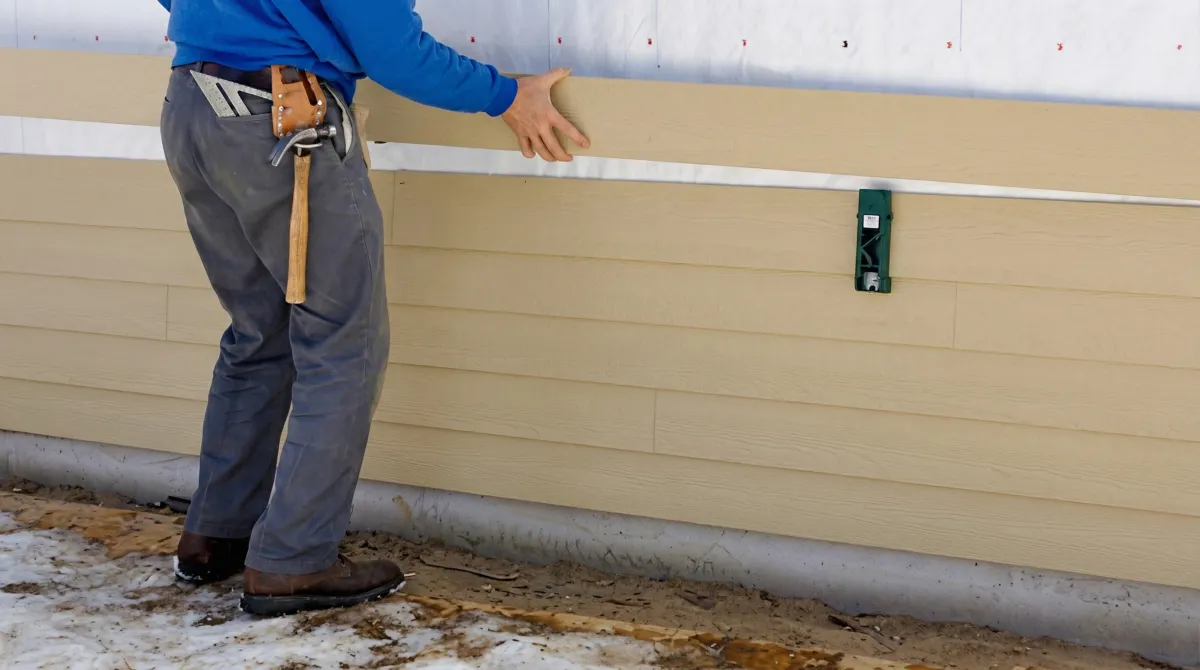 Siding replacement expert carefully aligning a new tan siding panel onto a residential exterior wall in El Paso, TX