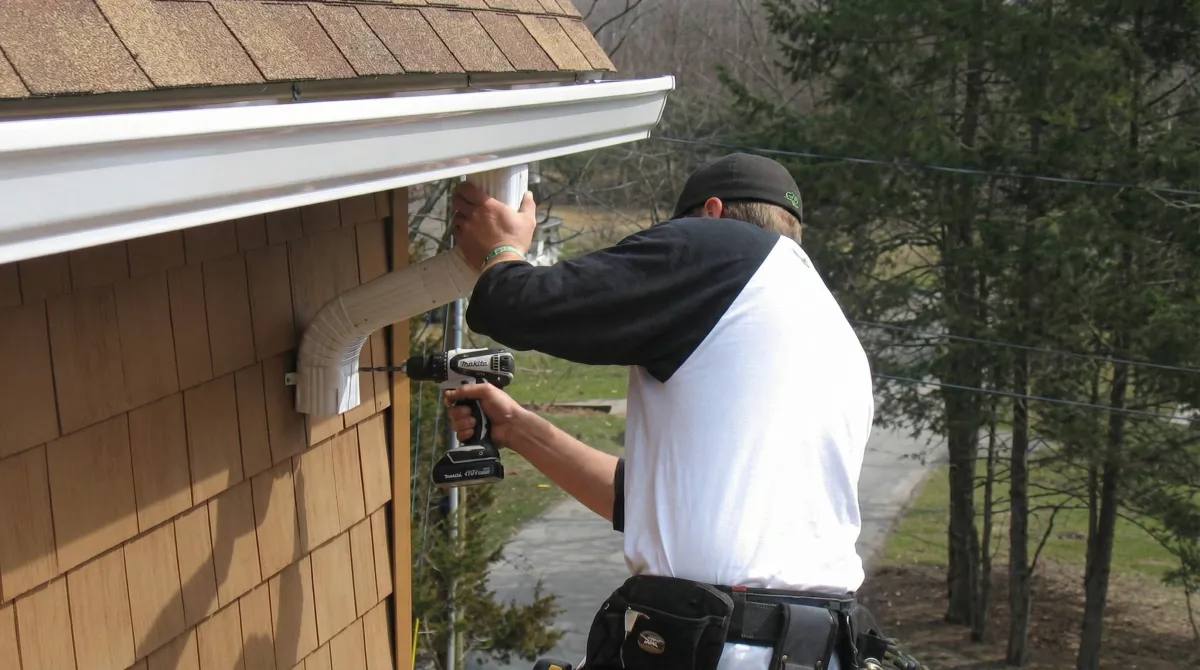 Professional contractor installing tan vinyl siding panels on a residential home exterior in El Paso, TX