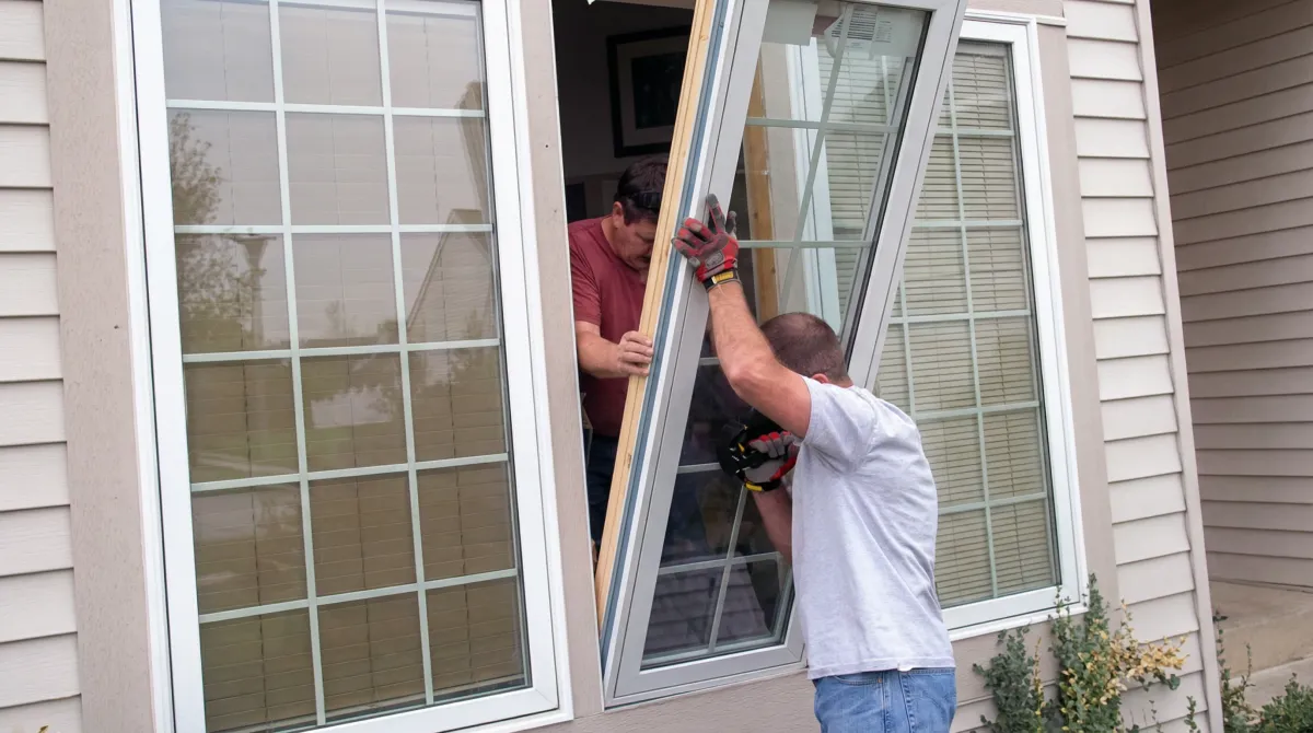 Professional home remodeling team installing a large replacement window on a house with tan siding in El Paso, TX