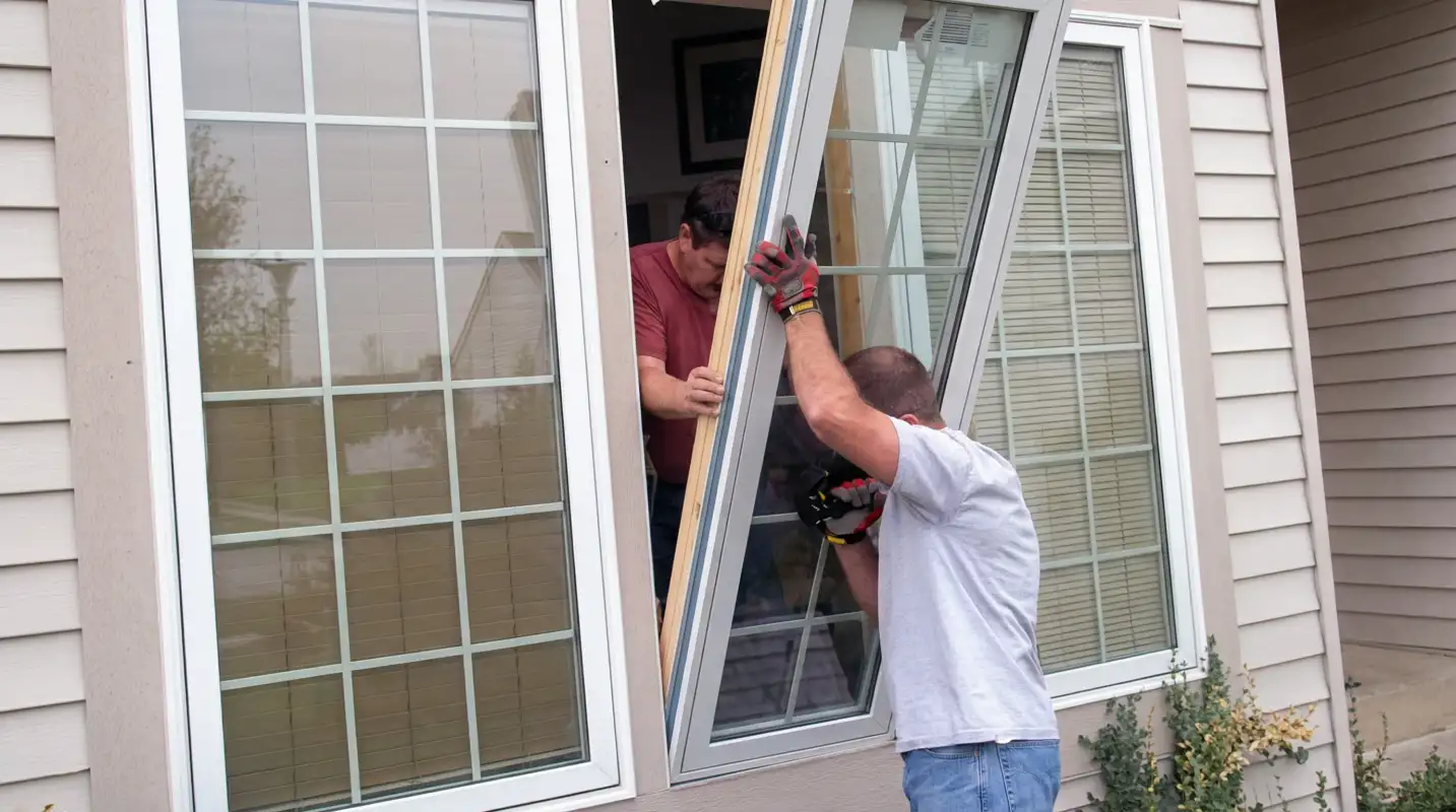 Professional home remodeling team installing a large replacement window on a house with tan siding in El Paso, TX